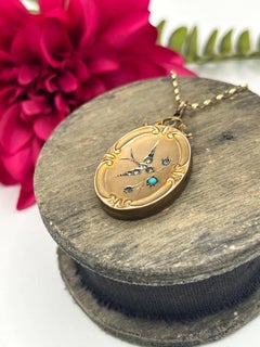 Antique 9ct Gold Back & Front, Edwardian Paste and Turquoise Swallow Oval Locket