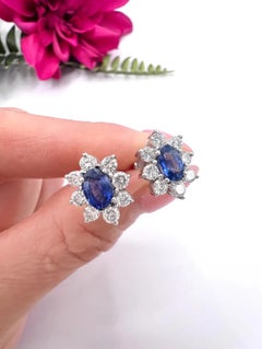 Vintage 18ct White Gold, 1980s Natural Sapphire & Diamond Oval Cluster Earrings