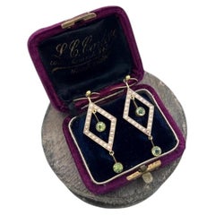 Antique 9ct Gold, Edwardian Peridot & Seed Pearl Drop Earrings