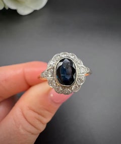 Antique 18ct Gold & Platinum, 1920s Sapphire and Diamond Oval Cluster Ring
