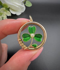 Antique 15ct Gold Edwardian Green Enamel & Pearl, 3 Leaf Clover Shamrock Pendant