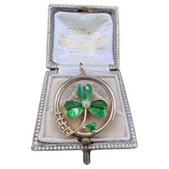 Antique 15ct Gold Edwardian Green Enamel & Pearl, 3 Leaf Clover Shamrock Pendant