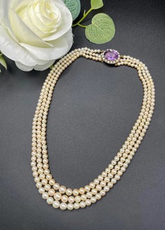 Antique 9ct Gold 16 1/2 Inch Cultured Pearl Necklace with Amethyst Clasp