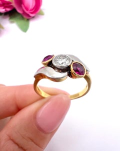 18ct Gold & Platinum Ruby and Diamond Crossover Trilogy Ring