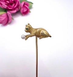 Antique 18ct Gold Edwardian Cat Stick Pin with Pearl Ball