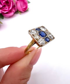 Antique 18ct Gold & Platinum, 1920s Square Sapphire and Diamond Ring