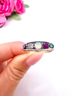 Antique 18ct Gold, Edwardian ADORE Amethyst, Diamond, Opal, Ruby & Emerald Ring