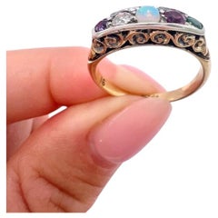 Antique 18ct Gold, Edwardian ADORE Amethyst, Diamond, Opal, Ruby & Emerald Ring