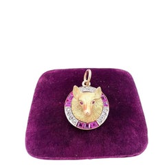 Antique 18ct Yellow Gold, Edwardian Ruby & Diamond Fox Head Pendant