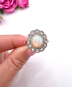 Antique 18ct Yellow Gold, Victorian Opal & Diamond Oval Shaped Cluster Ring