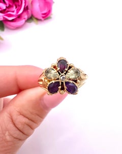 Antique 15ct Yellow Gold, Early Victorian Gemstone Daisy Cluster Ring
