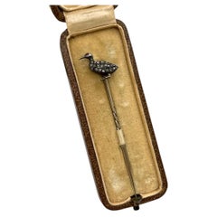 Antique 15ct Gold & Silver, Victorian Rose Diamond Duck Stick Pin, Circa 1890