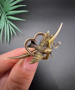 Antique 15ct Yellow Gold, Victorian Crescent, Heart & Swallow Brooch