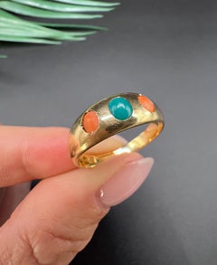 Bague vintage en or jaune 18 carats, de style victorien, sertie de trois pierres : turquoise et corail
