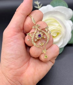 Antique 9ct Yellow Gold, Edwardian Amethyst, Pearl & Peridot Suffragette Pendent