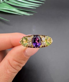 Antique 18ct Gold, Amethyst Diamond and Peridot Suffragette Ring Birmingham 1902