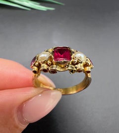 Antique 15ct Gold, Victorian Garnet & Seed Pearl Five Stone Ring