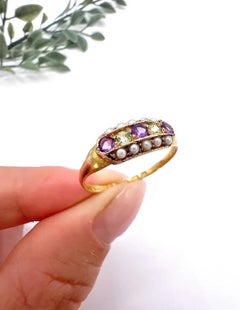 Antique 15ct Gold, Amethyst, Seed Pearl and Peridot Suffragette Ring