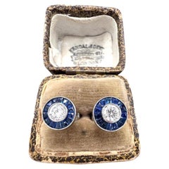 Boucles d'oreilles vintage en or blanc 18 carats, saphir et diamant, en forme de cible