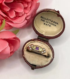 15ct Gold, Amethyst, Seed Pearl and Peridot Suffragette Ring Hallmarked 1899
