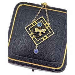 Antique 9ct Yellow Gold, Edwardian Sapphire & Seed Pearl Drop Pendant Necklace