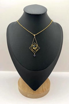 Antique 9ct Yellow Gold, Edwardian Sapphire & Seed Pearl Drop Pendant Necklace