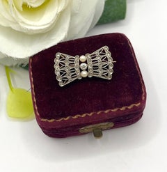 Antique Platinum & 18ct Gold, Rose Cut Diamond, Pearl Bow Brooch, Circa 1910