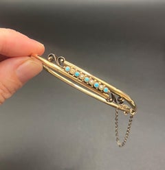 Antique Edwardian 9ct Gold Turquoise and Seed Pearl Bangle, Circa 1900