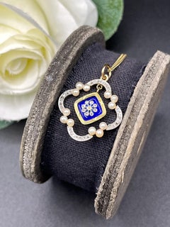 Antique 18ct Gold & Platinum Edwardian Diamond, Blue Enamel & Seed Pearl Pendent