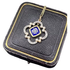 Antiker Anhänger aus 18-Karat-Gold und Platin aus der Edwardianischen Zeit mit Diamanten, blauem Emaille und Saatperlen