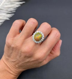 Antique 18ct Gold & Platinum, 1920s Black Opal and Diamond Cluster Ring