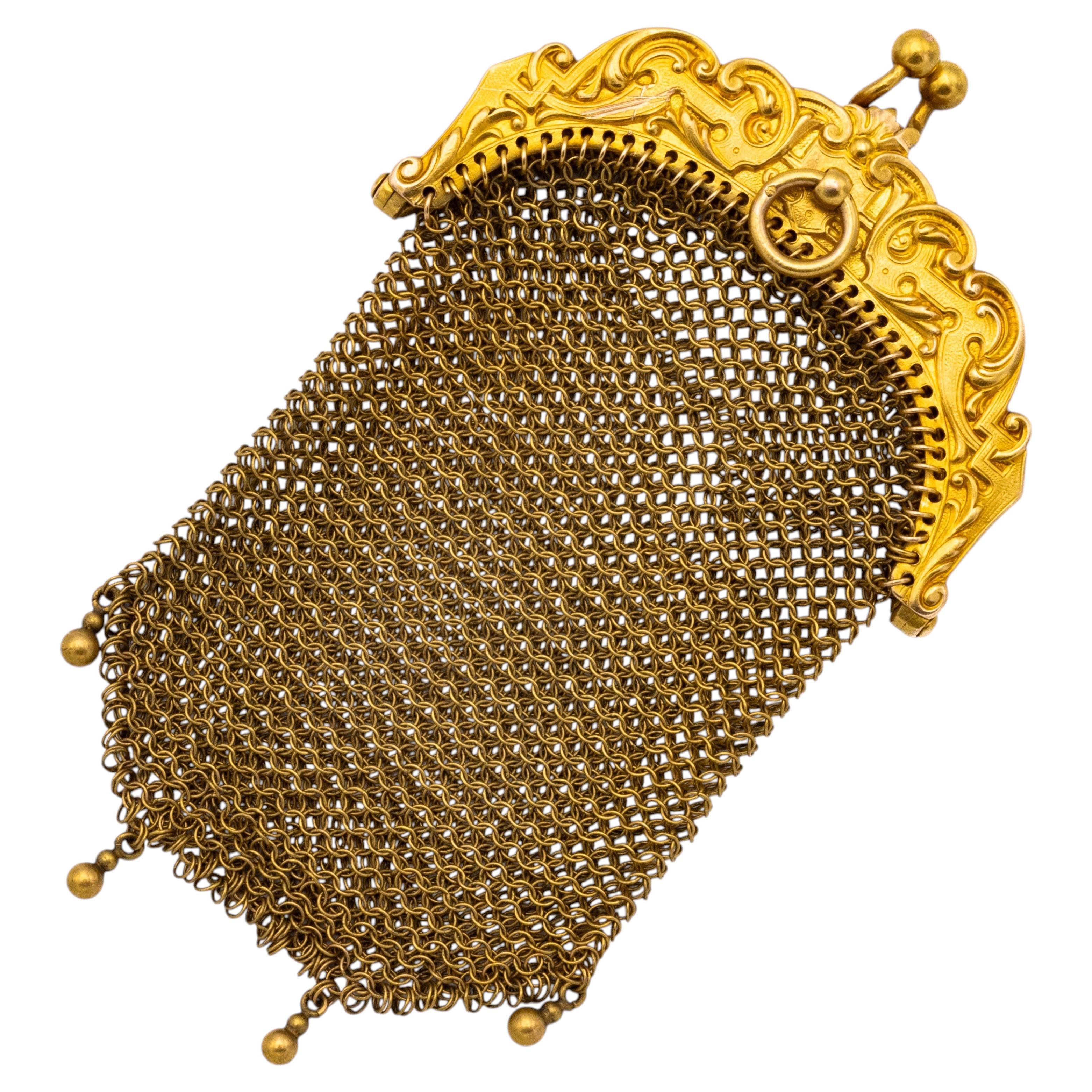 Monedero de malla de Oro Antiguo Francés 18k - Art Nouveau - Pequeño monedero bolso de oro en venta