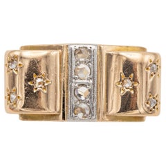 18 karat yellow gold tank ring - rose cut diamond - Retro bow ring with stars