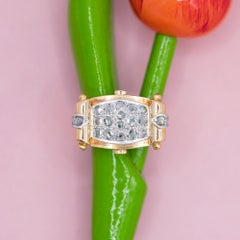 18 karat solid yellow gold tank ring - Authentic rose cut Diamonds - Art Deco