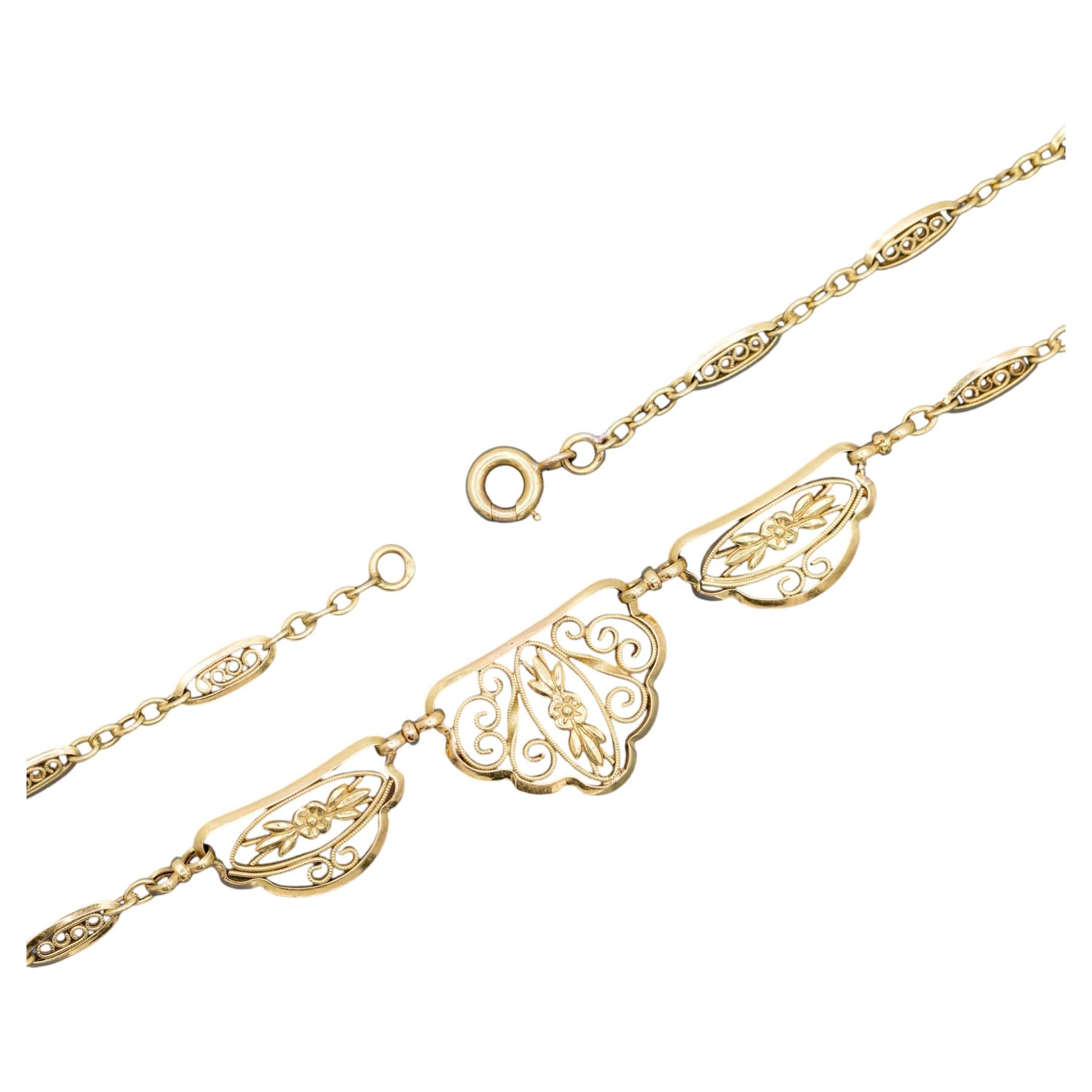 18k solid gold Art Nouveau Necklace - Victorian filigree drapery collar