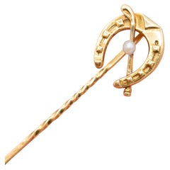 Victorian 18K Yellow Gold Horseshoe Stick Pin with Seed Pearl, 1900's