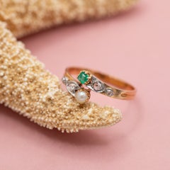 Antique 18K Gold Toi et Moi Ring with Diamonds, Pearl & Emerald