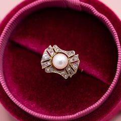 Vintage 18K Gold Rose Cut Diamond Ring – Art Deco Pearl Ring