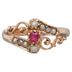 Antique 18K Gold Victorian Ruby Pearl Swirl Ring – Romantic Three Stone Heirloom
