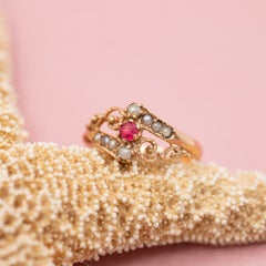 Antique 18K Gold Victorian Ruby Pearl Swirl Ring – Romantic Three Stone Heirloom