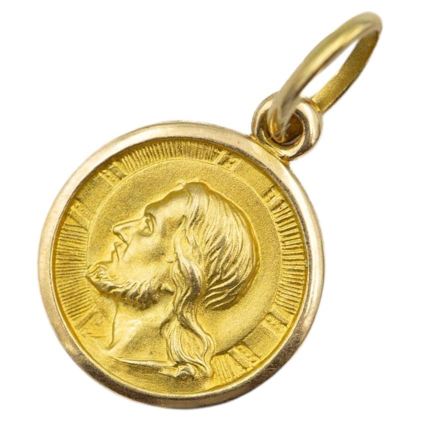 Small 18K solid gold Jesus medal pendant, Vintage Catholic charm Dio Ti Protegga For Sale