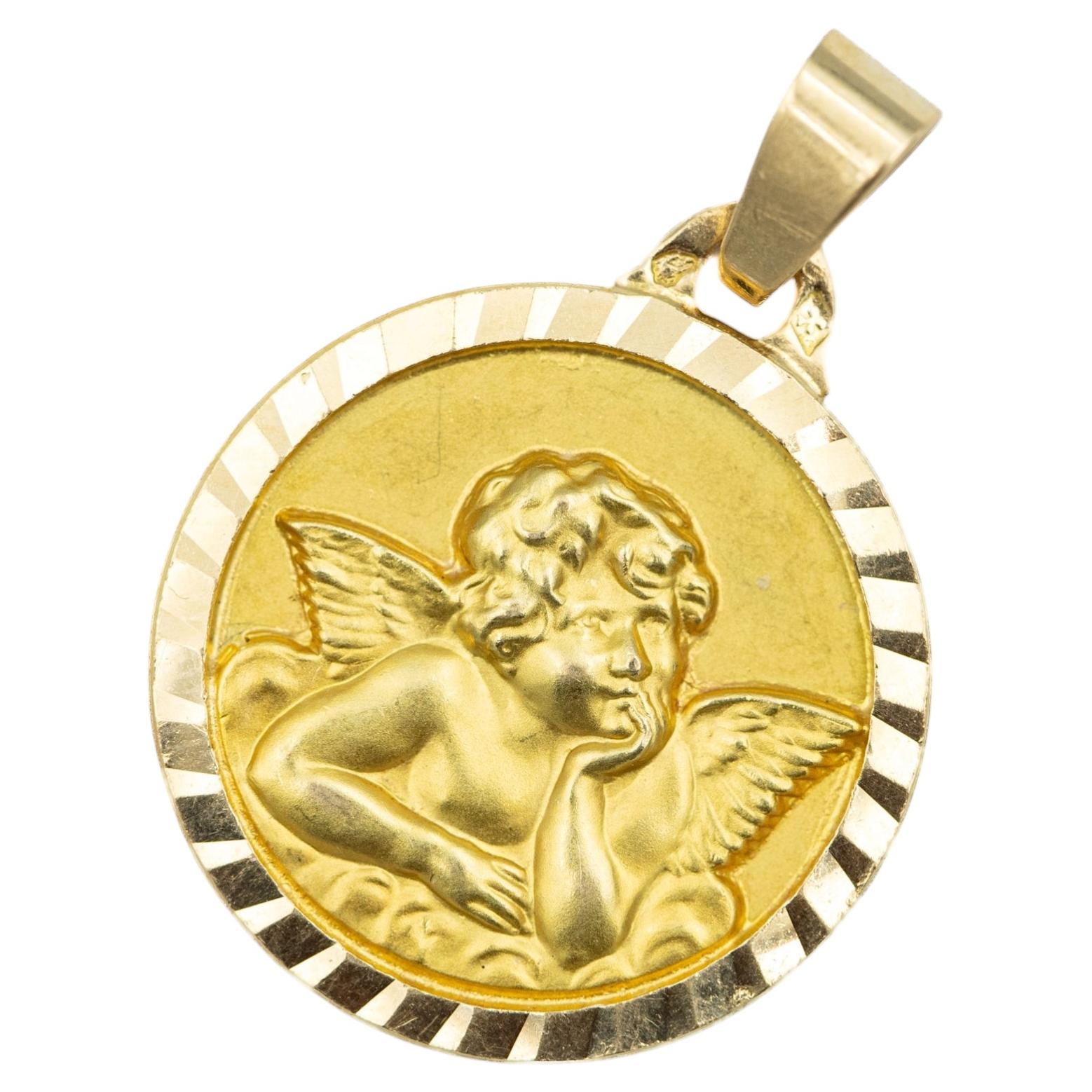 French vintage 18k solid Gold Angel Raphael Medallion - Cherub Charm For Sale