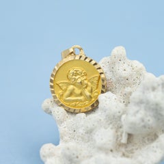 French vintage 18k solid Gold Angel Raphael Medallion - Cherub Charm