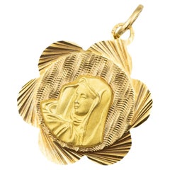 18K Large Italian Virgin Mary pendant - Flower shaped religious charm