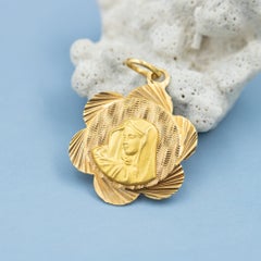 18K Large Italian Virgin Mary pendant - Flower shaped religious charm