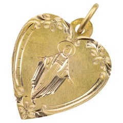 Antique French 18K solid Gold Virgin Mary Pendant – Floral Engraved Blessed Moth