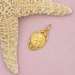 Antique French 18K gold Cherub charm - flowers - Angel pendant - Horse head mark