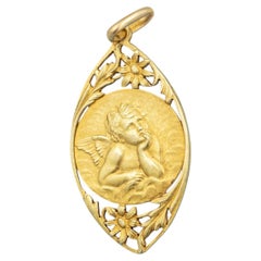 Antique French 18K gold Cherub charm - flowers - Angel pendant - Horse head mark