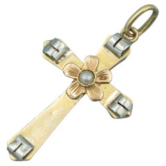 Vintage 18 karat solid gold cross pendant with pearl flower - Catholic Religious