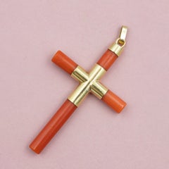 Vintage 18k solid gold red Coral cross pendant - Religious Catholic charm